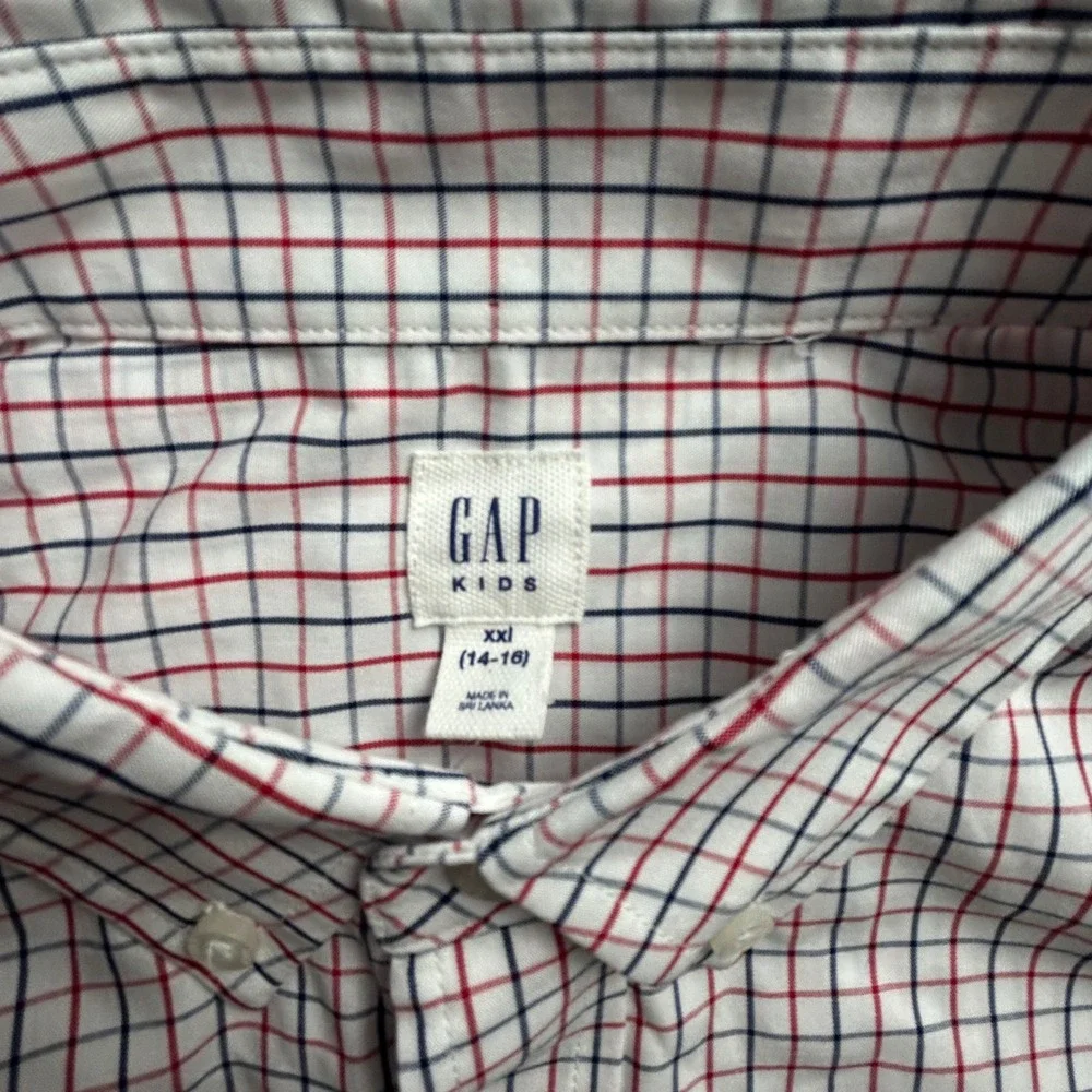 GAP Kids‎ XXL 14-16 White Red Blue Plaid Non-Iron Long Sleeve Button Down Shirt